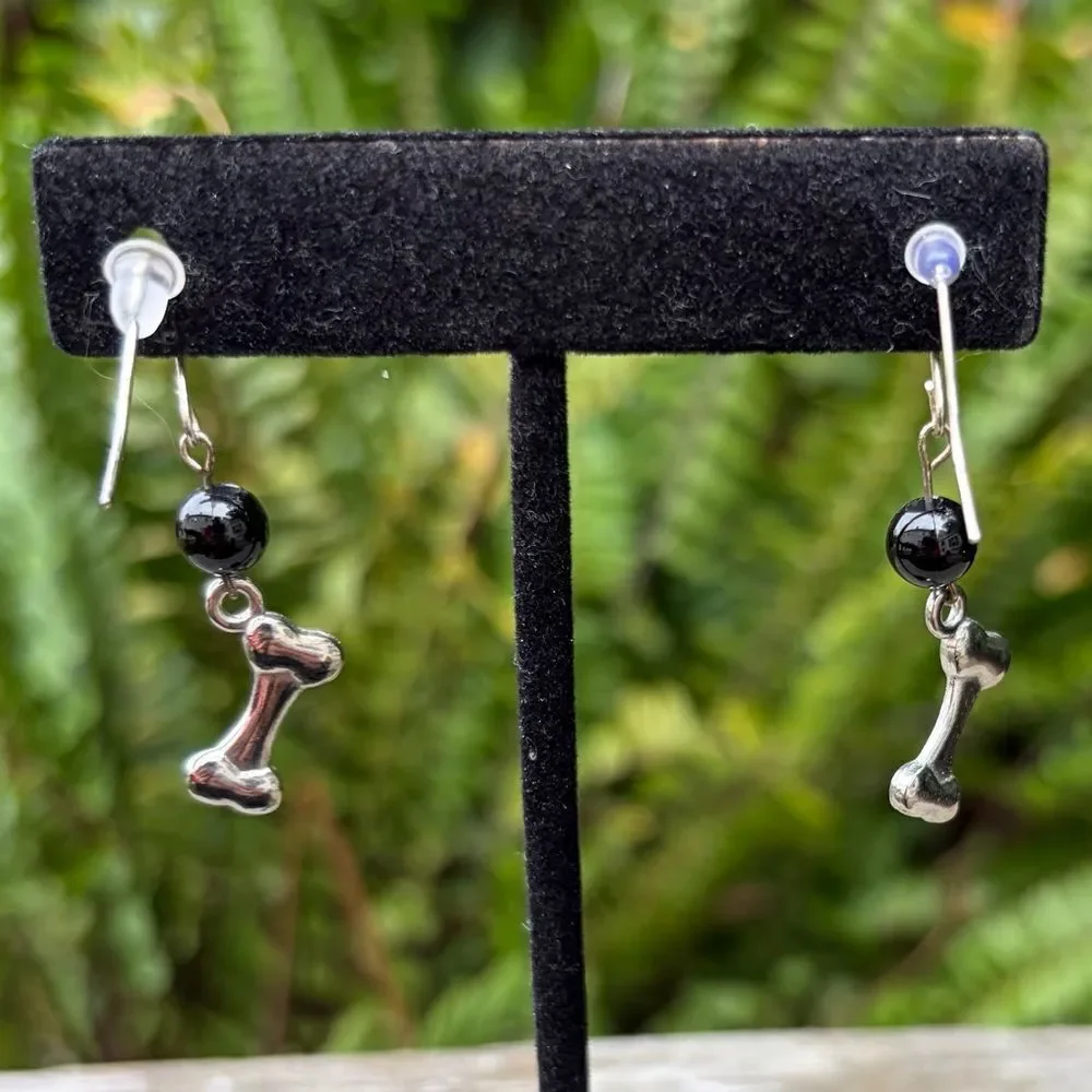 Silver Toned Dog Bone French Wire Earrings with Black Beads New Puppy
